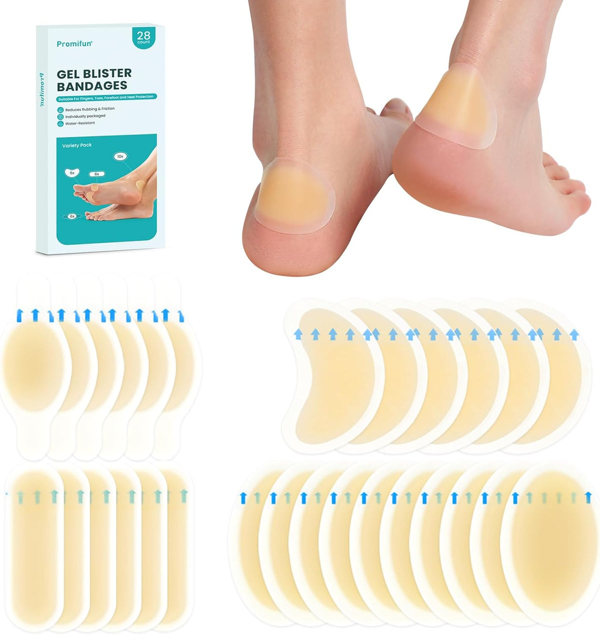 Promifun Blister Pads - 28 ct Water Resistant Hydrocolloid Bandages for Foot, Toe, Heel - Gel Blister Cushions for Prevention & Recovery, Variety Pack