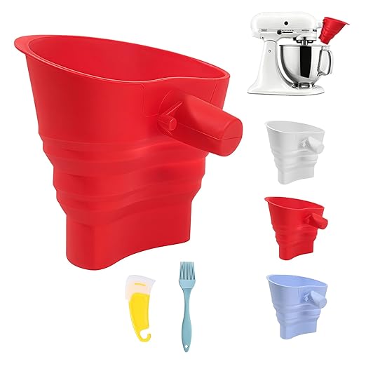 Flour Funnel for Kitchen Aid Mixer with Spatula & Brush Set - Silicone Collapsible Stand Mixer Attachment Compatible with KitchenAid 4.5-5 QT Tilt-Head (KSM150), Mess Free Dishwasher Safe (RED)