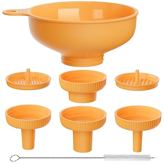 Pisol Wide Mouth Versatile Funnel, Canning Funnels for Kitchen Use, Food Grade Plastic Cooking Funnel Set with 4 Size Spouts and 2 Strainers for Filling Different Bottles and Bags, Orange