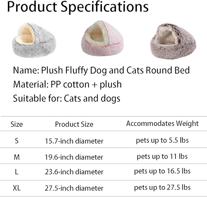 Plush Fluffy Dog and Cats Round Bed, Ultra-Soft Plush with Raised Rim, Non-Slip Bottom, Plush Cat Bed with A Cover, for Small Dogs and Cats (Gray, Small)