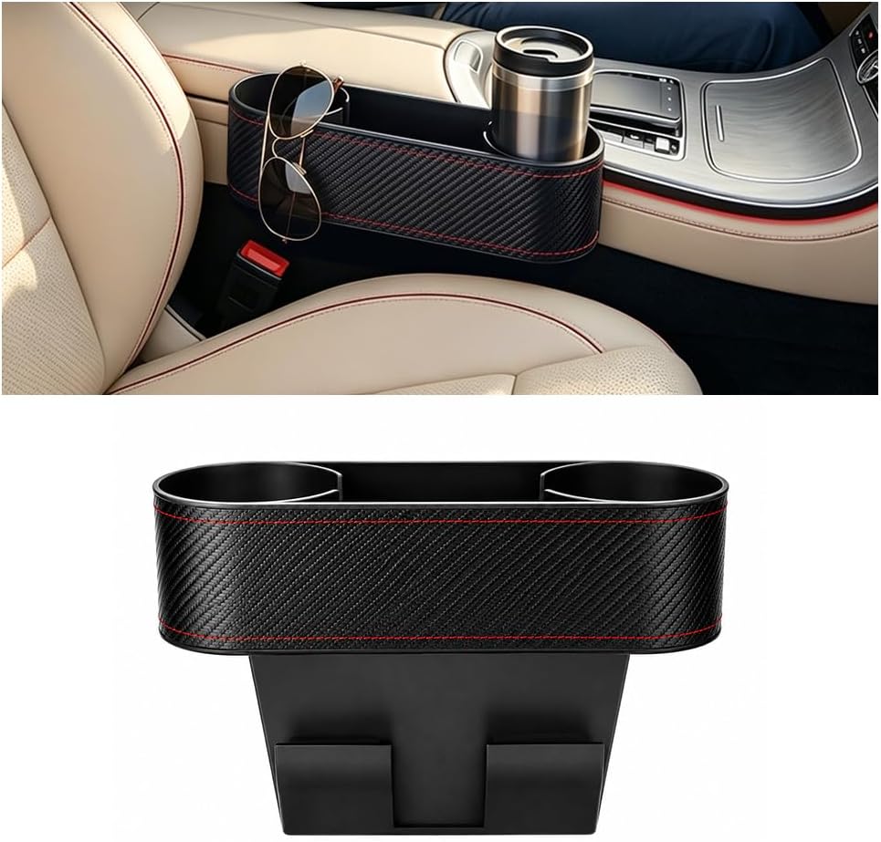 Car Seat Gap Filler Organizer, Vehicle Front Seat Side Storage Pocket with Cup Holder, Automotive Center Console Seam Filler Storage Box Accessories, Universal Fit (Carbon Fiber Black Red)