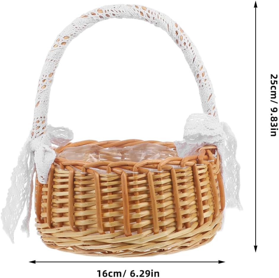 Cabilock Jacquard Woven Wicker Flower Girl Basket with Single Handle 10.23X7.87X7.87 Inch Portable Rattan Basket for Easter Party Ceremony Home Decor