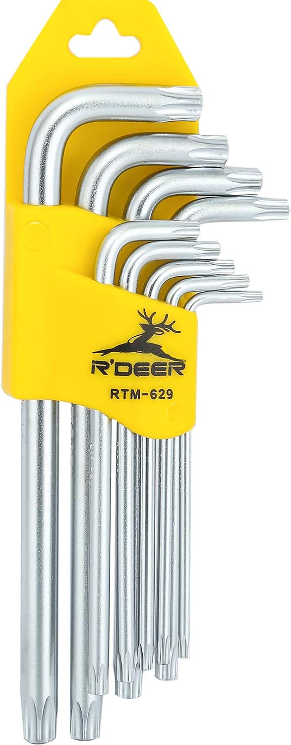 R'DEER 9 Piece Long Arm Torx Hex Key Set Industrial Level Anti Tamper Proof Star Allen Wrench Kit L-wrench Hand Tool (Sizes T10-T50)