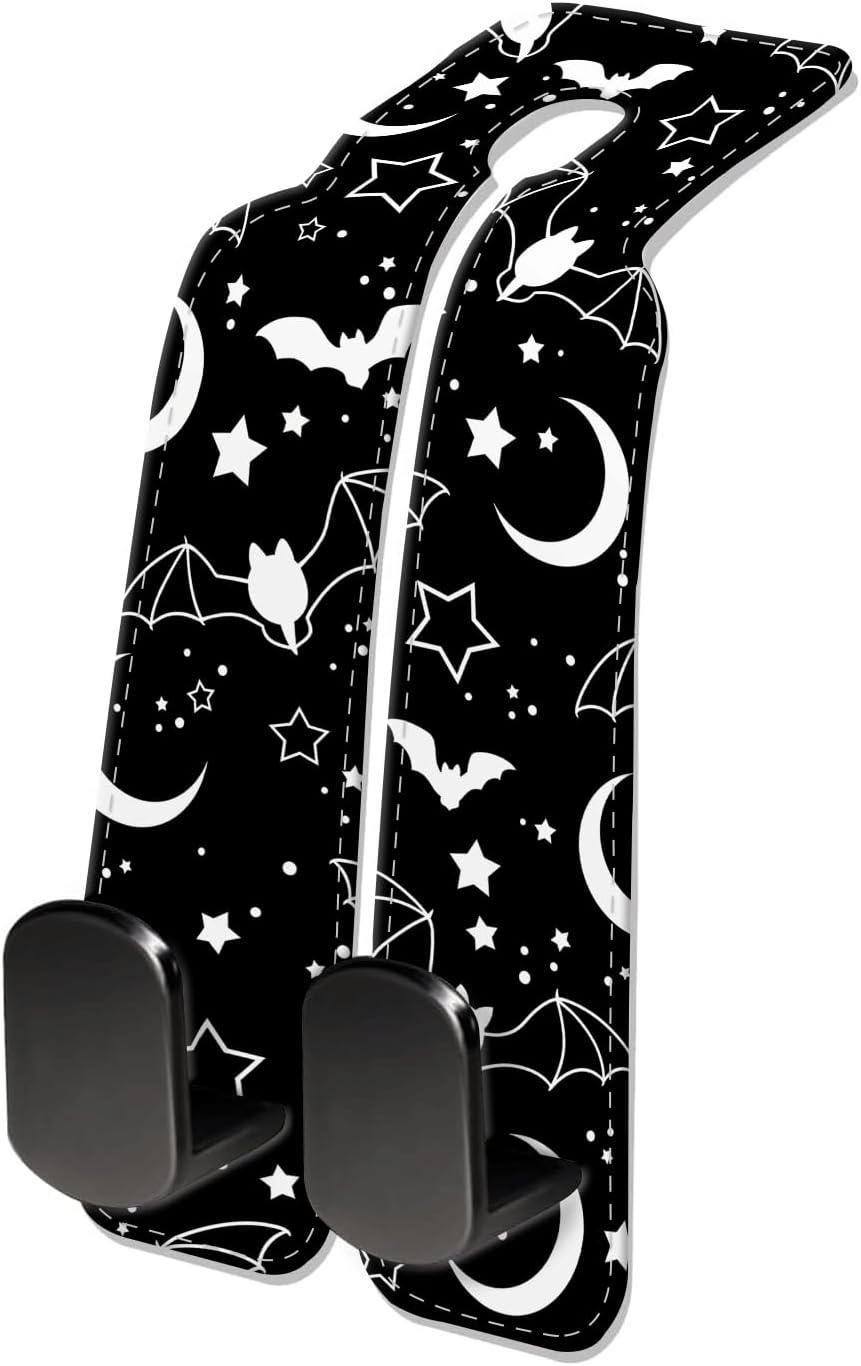 Car Seat Headrest Hook, Universal Leather Cute Hanger Holder Hook, Storage Organizer Interior Accessories for Purse Bags Handbag Black Cute Bats Moon