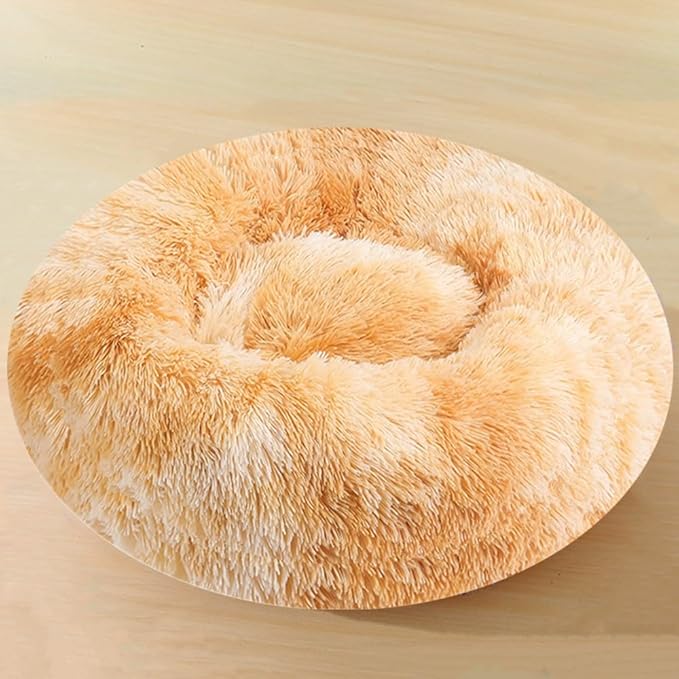 Calming Large Dog Bed & Cat Bed, 43 Inch Anti-Anxiety Donut Dog Cuddler Cat Bed, Warming Cozy Soft Dog Round Bed, Fluffy Faux Fur Machine Washable Pet Cushion for Medium Dogs & Cats (Yellow White)