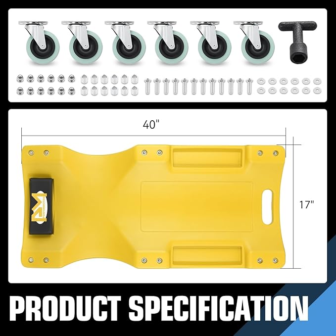 PM PERFORMOTOR 40Inch Low Profile Plastic Rolling Garage Shop Creeper with Padded Headrest,Tool Trays & 6pcs Casters, Yellow, PM-TOL-CPC40-YL