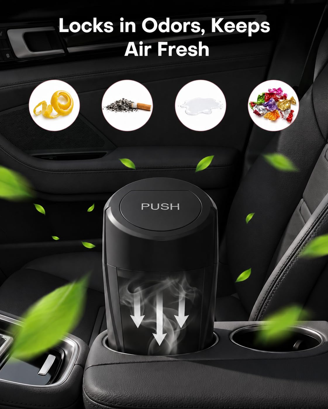 HOTOR Car Trash Can, Black Car Garbage Can with Lid, Bonus Bags, L(2 Pack)