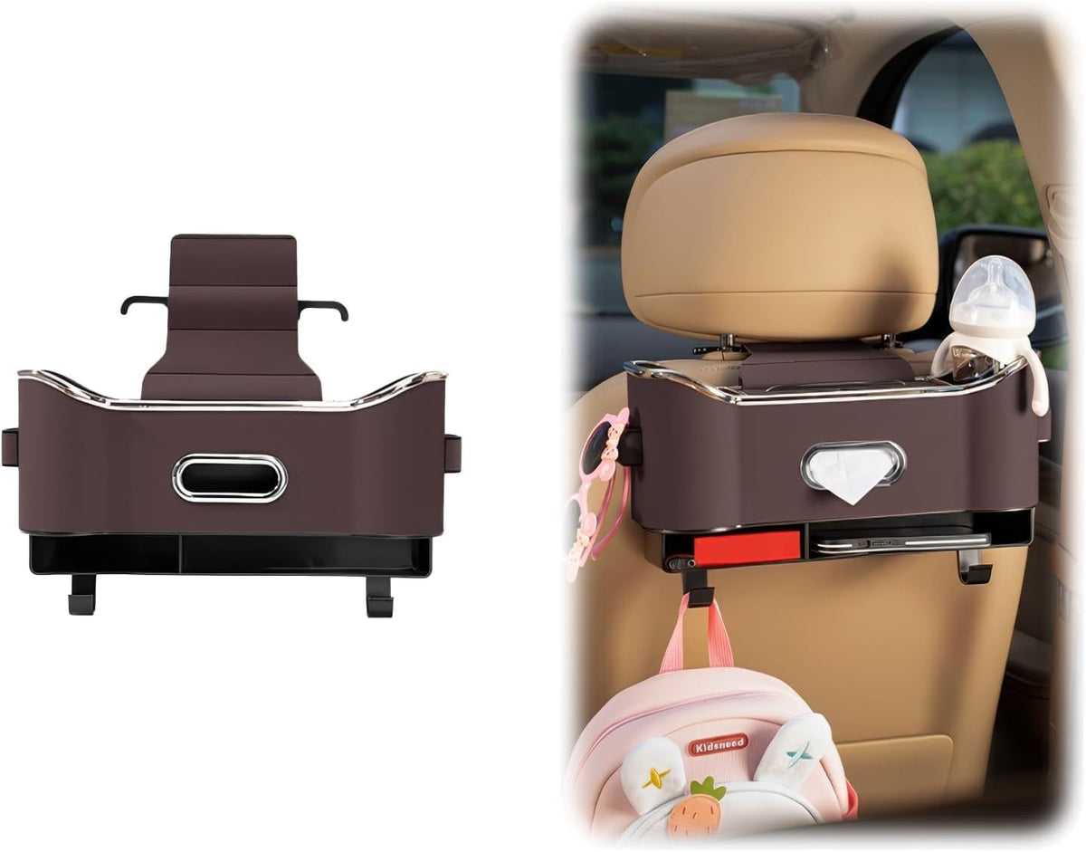 Multifunctional Car Backseat Organizer with Cup Holder, Tissue Box, Trash Bin & Hooks, 3-in-1 Back Seat Car Organizer for Hold Phones, Snacks, Drinks, and Handbags (Original Model - Brown)