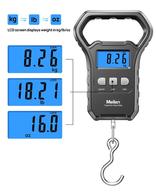 Meilen Fishing Scale - 110lb/50kg Digital Luggage Weigh Scale with Backlit LCD Display | Ideal for Travel & Fishing