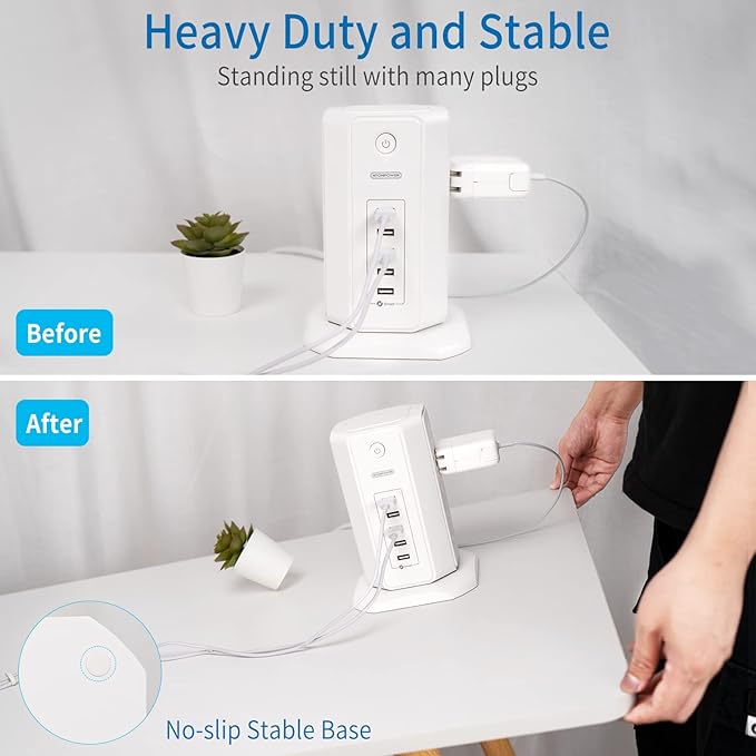 Power Strip Tower Surge Protector, NTONPOWER 8 Outlet 5 USB Desktop Charging Station 1625W 13A, 6ft Extension Cord Flat Plug, Individual Switches, 1080 Joules, Overload Protection for Home Office