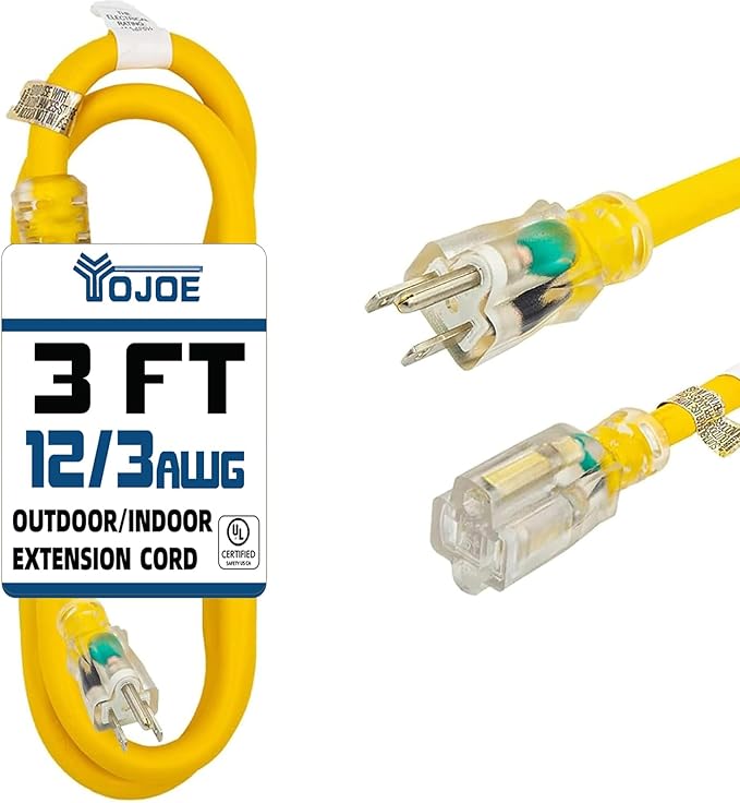 YOJOE Indoor Outdoor Extension Cord with Lighted End, 3 Prong 15A Weatherproof Power Cord, 12 Gauge Heavy Duty 3 ft Yellow Extension Cord for Garage, Garden and Home, 12/3 SJTW UL Listed