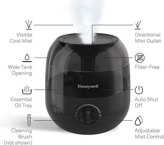 Honeywell Mini Cool Mist humidifier, Easy to Fill and Clean, humidifier for small Bedroom, Kids Rooms, or office. Ultra Quiet Operation and Auto Shut-Off - Black, HUL525B