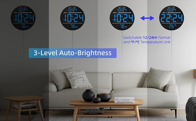 Digital Wall Clock with Large LED Display, Temperature, Auto-Brightness | Small