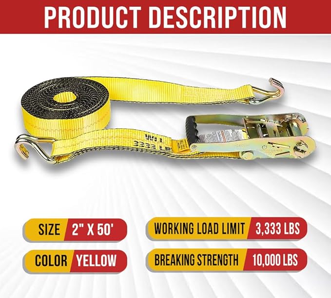 Mytee Products 4 Pack 2 Inch x 50 FT Heavy Duty Ratchet Straps with Double J Hooks | 10,000 lbs. Breaking Strength Yellow Tie Down Straps w/Wire Hooks for Industrial Use, Trailers, Truck & Cargo.