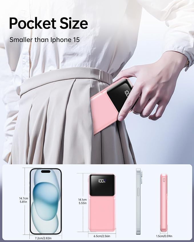 RONEGN Portable Charger with Built in Cable - Power Bank Fast Charging USB C LED Display 10000mah Battery Pack 5 Outputs & 3 Inputs for Travel Essentials iPhone Samsung Android Phones Tablets Pink