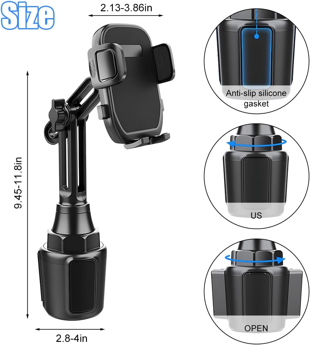 Car Cup Phone Holder, 360° Rotation with Long & Adjustable Neck