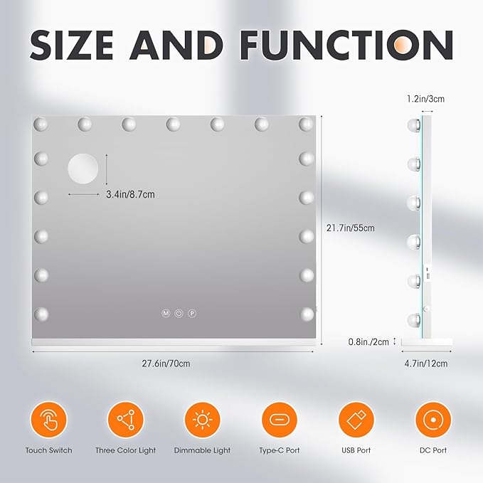 Hasipu 24" x20” Hollywood Vanity Mirror with Lights - Makeup Mirror with 17 Dimmable LED Bulbs, 10X Magnification, Touch Control, USB & Type-C Charging Port (Square White)
