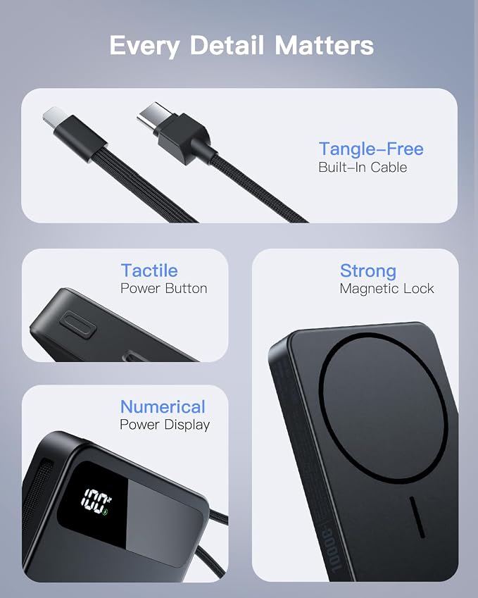 Magnetic Power Bank, 10,000mAh Wireless Portable Charger for Mag-Safe 15W Fast Charging, Battery Pack with USB-C Cable 20W in/Out for iPhone 17e/Air/17/16/15/14/13/12/Plus/Pro/Pro Max, AirPods & More