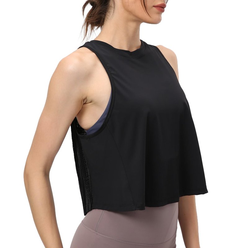 Women's Pleated Cropped Sports Tank Tops Sleeveless Running Workout Tops Active Yoga Tops Shirts(Black,8)
