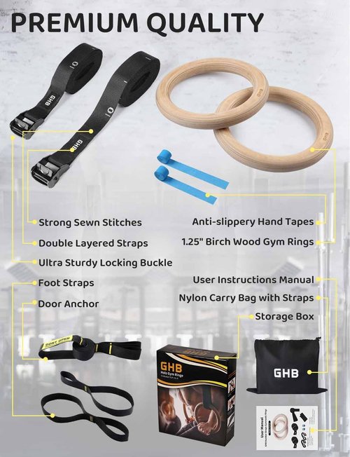 GHB Gymnastic Rings - Wooden 1.25" Gym Rings with Buckle & Carabiner - 2 Pack with Numbered Straps