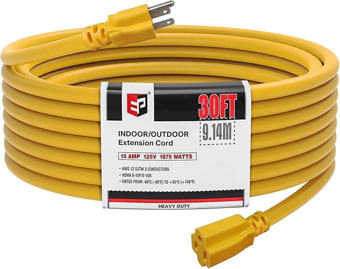 EP 12/3 30 FT Indoor Outdoor Yellow Extension Cord Waterproof, 12 Gauge 3 Prong Power Cord Flexible Resistant Appliance Extension Cable Electric Cable Outside, 15A 1875W 12AWG SJTW, ETL Listed