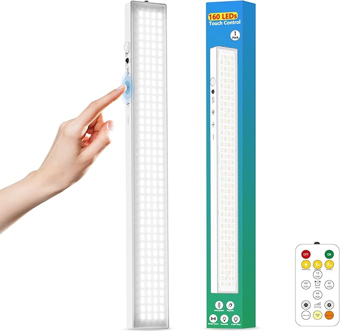 1Pack Touch Control Under Cabinet Lighting, 160LED Super Bright, 4000mAh Long-Lasting, Magnetic Rechargeable Motion Sensor Under Counter Lights for Kitchen, Closet, Remote, Dimmable, 3CCT丨White
