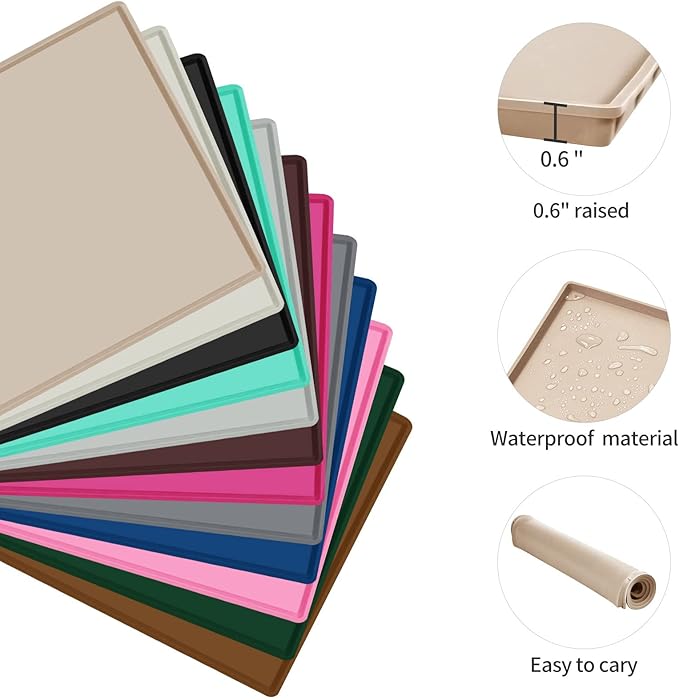 Dog Food Mat,Silicone Waterproof Food Tray,Non Slip Pet Bowl Mats Placemat,0.6" Raised Edge,Suitable for Most Small and Medium Sized Pets,24" x 16"