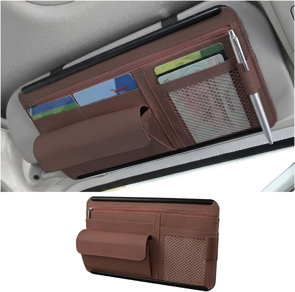 Car Sun Visor Organizer with Zipper Pocket, Multi-Pocket Vehicle Visor Storage Pouch with Card Sleeve, Eyeglasses Holder Box, Auto Interior Sunvisor Organizer Pocket, Universal Fit (Beige)