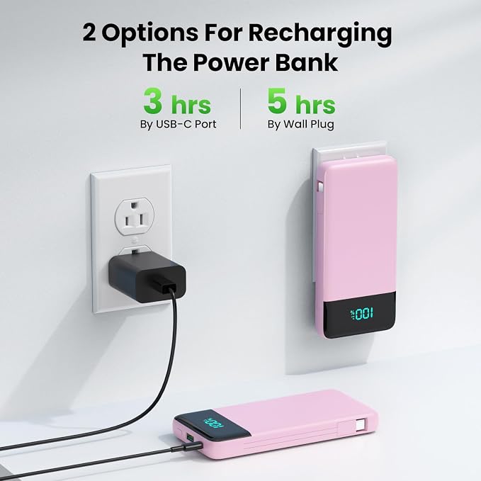 Portable Charger with Built-in AC Plug and Cables,13800mAh All in One USB C Fast Charging Power Bank,Travel Essentials Portable Phone Charger Battery Pack for iPhone 17/16/15/14/13,Galaxy,Android-Pink