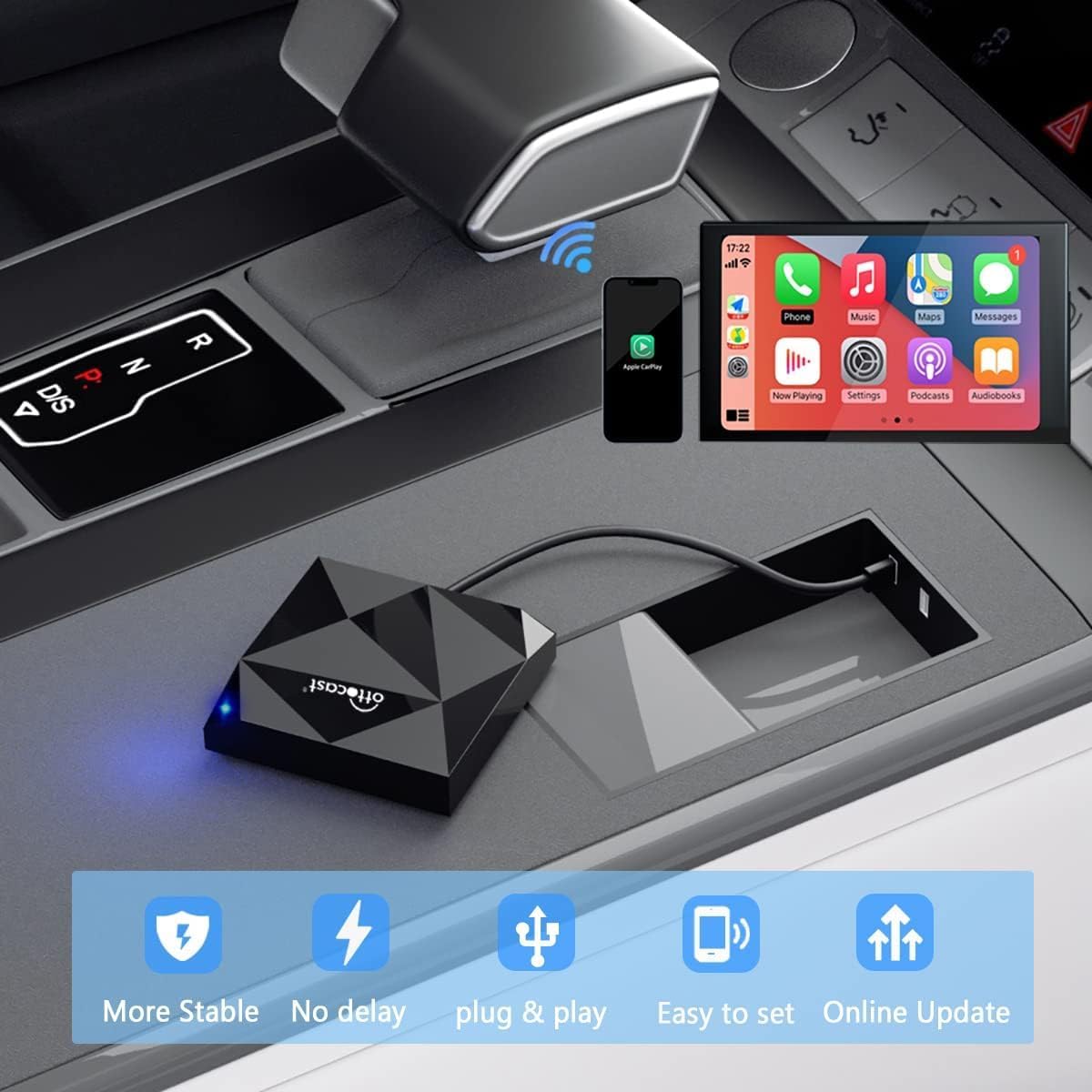 OTTOCAST U2-AIR Wireless CarPlay Adapter for Apple iPhone, Convert Wired to Wireless Plug & Play Dongle 5Ghz WiFi Auto Connect Online Update for iPhone & OEM Wired CarPlay Cars