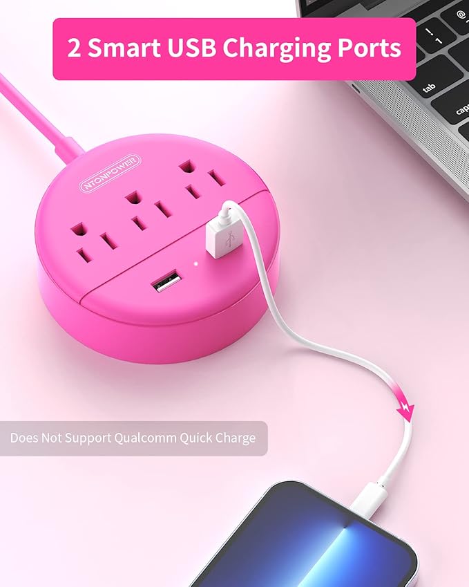 Pink Extension Cord 25ft, NTONPOWER Flat Plug Power Strip with Long Extension Cord, 3 Outlet 2 USB Compact Desktop Charging Station Wall Mount for TV Living Room, Dorm, Office and Nightstand