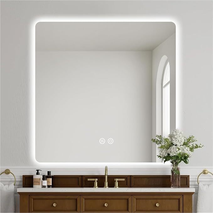 36" x 36" Frameless LED Bathroom Mirror with Lights, Lighted Vanity Mirror with Anti-Fog, 3-Color Stepless Dimmable, Memory, Shatterproof, UL-Listed, Wall Backlit Mirror