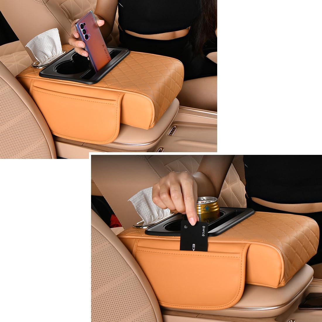 Car Armrest Cushion,5-in-1 Center Console Cover with 2 Storage Bags Cup Holder, Tissue Box Slot, Phone Slot for Sedans, Car Accessories Interior Organizers (Black red)