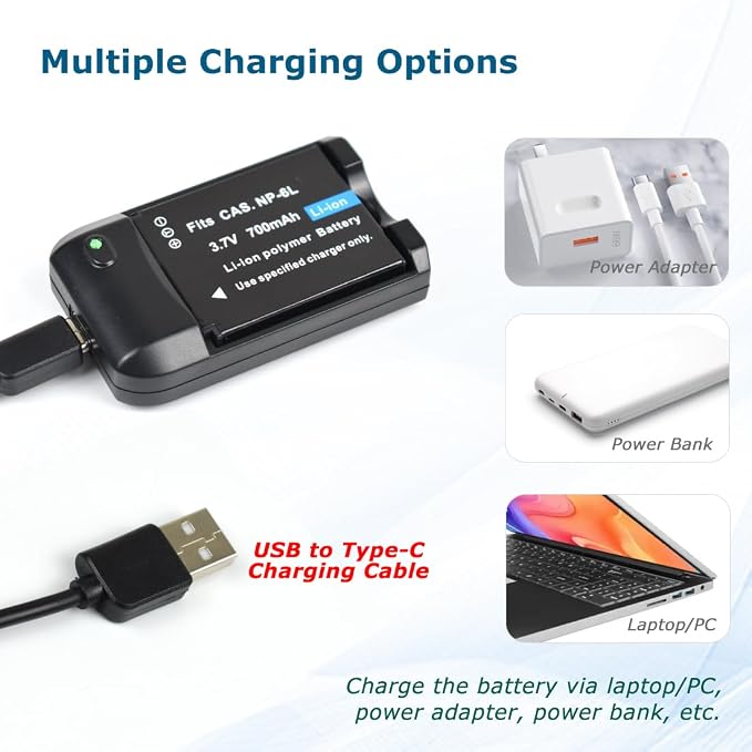NP-6L Battery Charger + 2 pcs Rechargeable 3.7V 700mAh Batteries