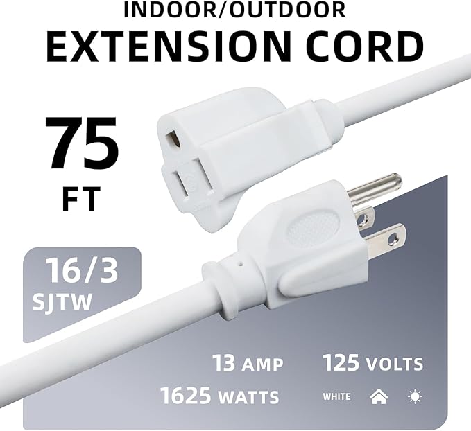 EP 75 Ft Outdoor Extension Cord - 16/3 SJTW White Electrical Cable with 3 Prong Grounded Plug