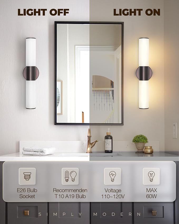 2-Light Bathroom Vanity Lighting Fixture, Oil Rubbed Bronze Wall Sconce with Opal White Glass, E26 Stocket Indoor Wall Lamp, Modern Mirror Light. 2 Pack