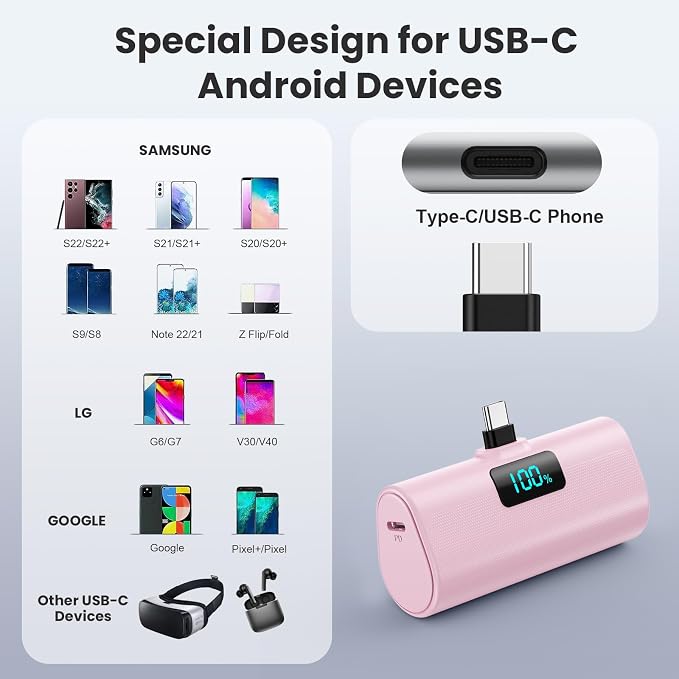 Mini Portable Charger USB C Power Bank,Upgraded 5500mAh PD Fast Charging Battery Pack Built-in USB-C Connector Travel Essential for iPhone17/17Pro/17Pro Max/Air/16 Plus/16Pro Max/15 Series -Pink