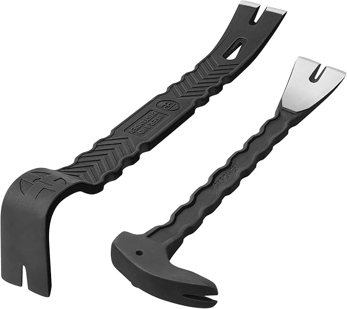 MAXPOWER 2Pcs Pry Bar Set, Heavy Duty Flat Pry Bar 15-inch and Claw Nail Puller 12-inch, Strikable Head and Full Body Drop Forged Crowbar Tools