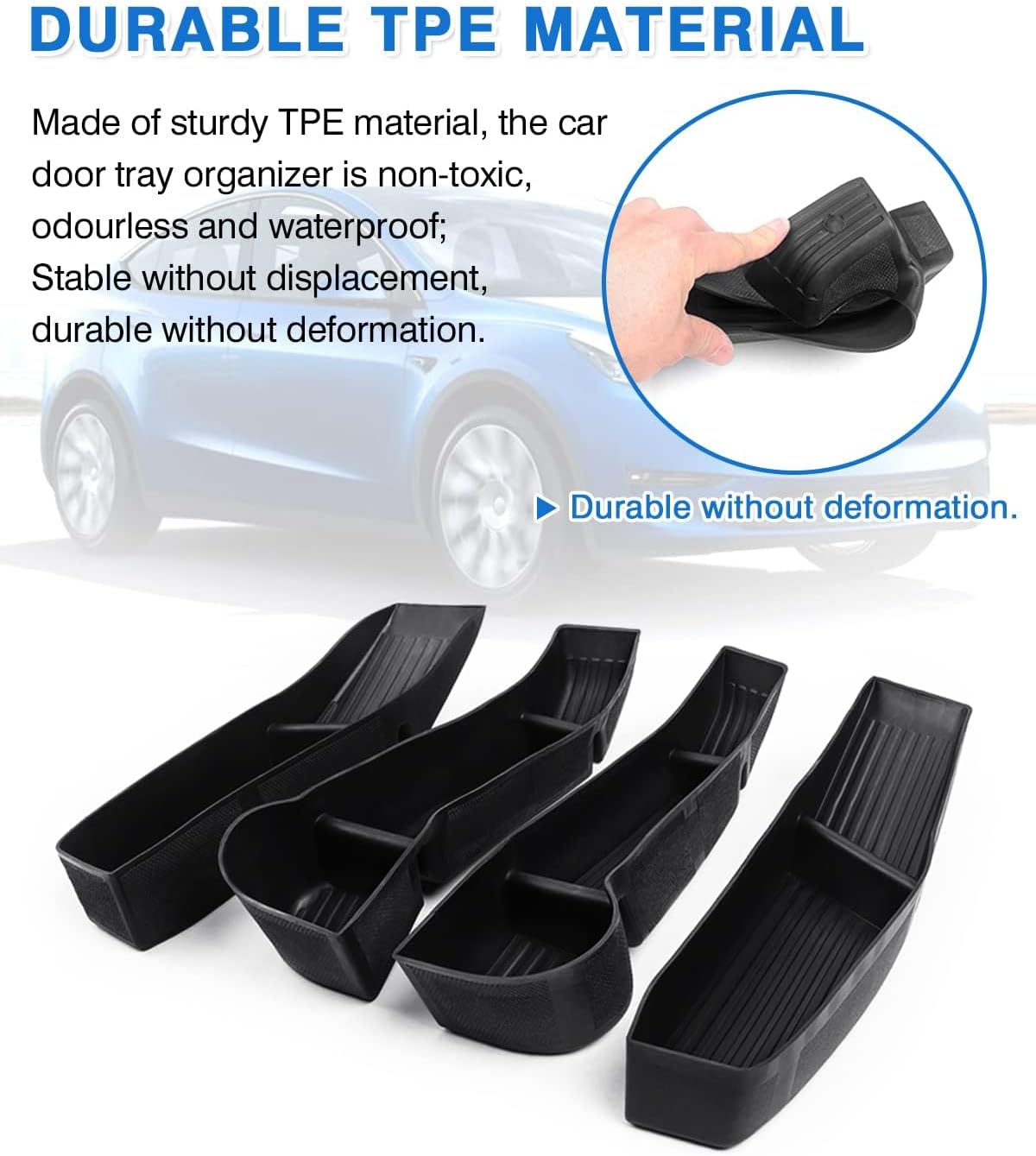 Shademax Car Door Organizer Tray for Tesla Model Y 2021-2024 (Not for Model Y Juniper) Door Side Storage Box Insert for Tesla Model Y Accessories 2024 - TPE Material, Black, 4 Pieces