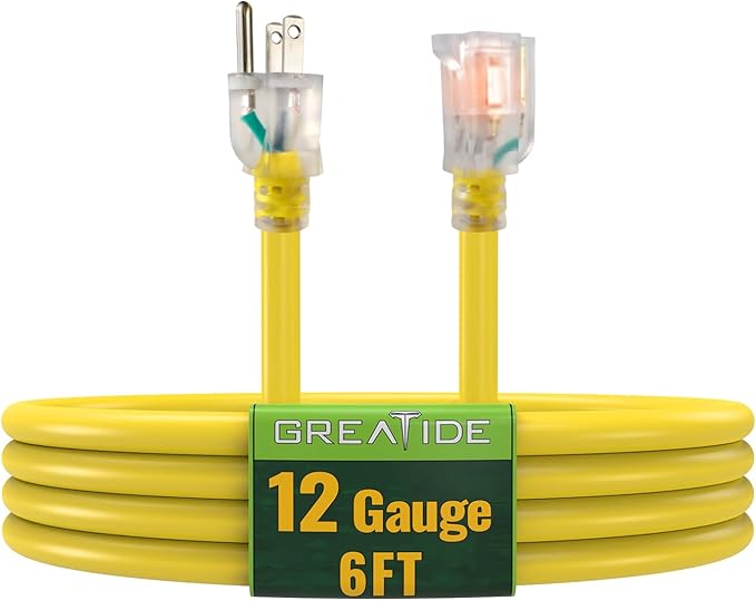 Outdoor Extension Cord with Lighted End, 12 Gauge Heavy Duty 6 FT, 3 Prong Grounded 15 Amp Extension Cord, 12/3 SJTW Waterproof Power Cord for Appliance, UL Listed, Yellow