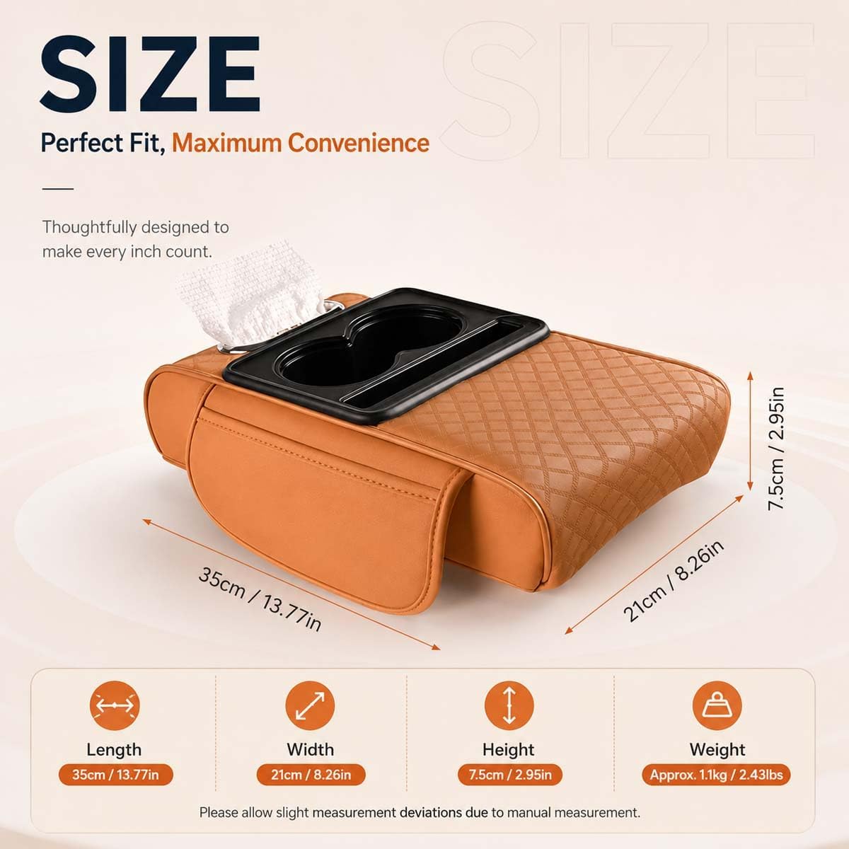 Multifunctional PU Leather Car Armrest Box Mat, 5-in-1 Center Console Cover with Cup Holder with 2 Storage Bags, Tissue Box Slot, Phone Slot for Universal Most Cars,Velcro Design (Black*A)