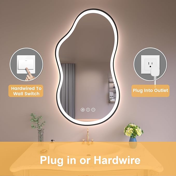 WTTY LED Irregular Bathroom Mirror 20x36 Inch with Front & Back Lights - Asymmetrical Design, Anti-Fog, Dimmable 3 Color Temperatures, Shatterproof Glass, Horizontal or Vertical Mount (Black Frame)