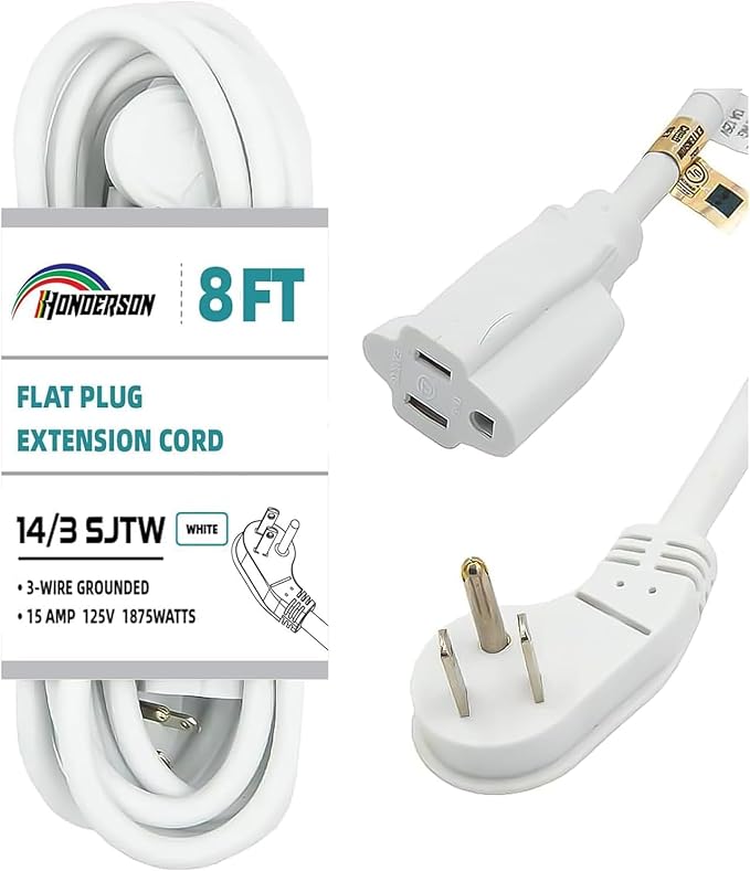Flat Plug Indoor Extension Cord, UL Certified, 14 Gauge 8FT White 3 Prong Heavy Duty, 14/3 SJTW 15A Power Cord for Lights, Appliances, Home