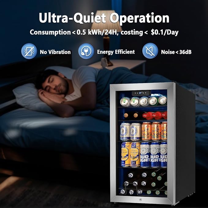 Beverage Refrigerator Cooler, 130 Cans 3.22 Cu.Ft Small Refrigerator with Low-E Glass Door, Lock, 17-Inch Beer Fridge for Drinks, Beer and Wine, Mini Fridge for Bedroom, Office and Bar, Silver