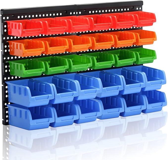 Wall Mounted Storage Bins Parts Rack 4 Colors Garage Plastic Shop Tool Organizer, ABS Plastic Garage Rack, Screw Storage 30 Bins