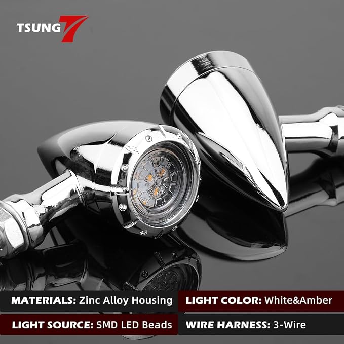 TSUNG 2PCS Motorcycle Bullet LED Front Turn Signal White Amber Light SMD