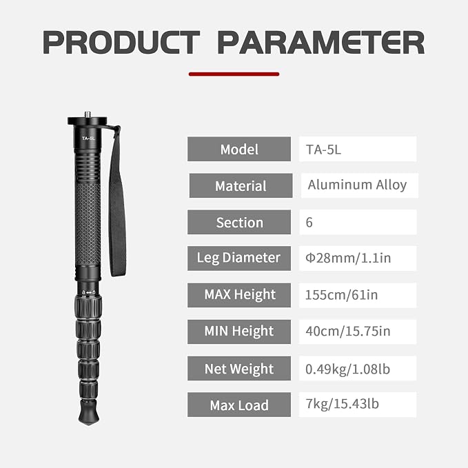 TONYBOO 61” Aluminum Camera Monopod, Lightweight & Portable, 5-Section Travel