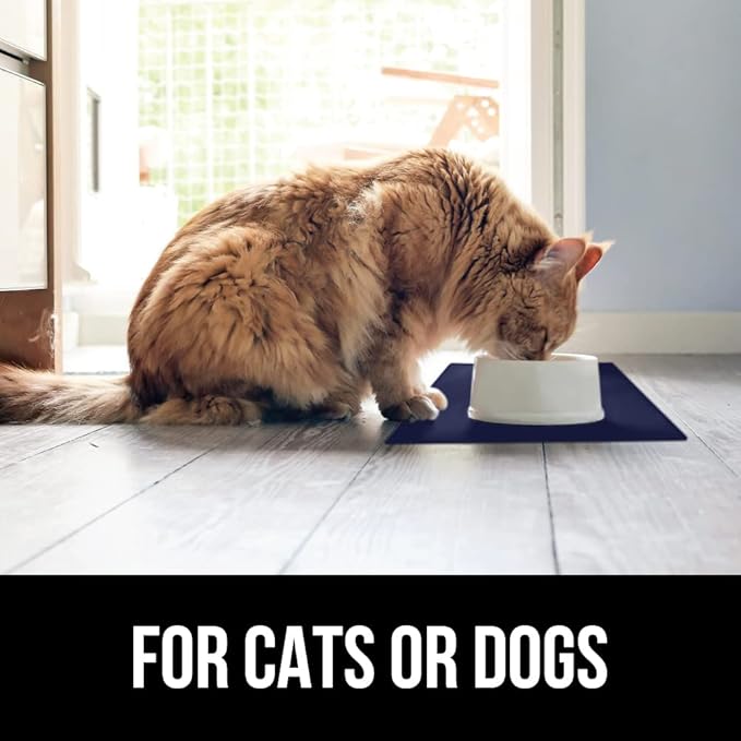 GORILLA GRIP 100% Waterproof Raised Edge BPA Free Silicone Pet Feeding Mat, Dog Cat Food Mats Contain Spills Protects Floors, Placemats for Cats and Dogs Water Bowl, Pets Accessories 18.5x11.5 Navy