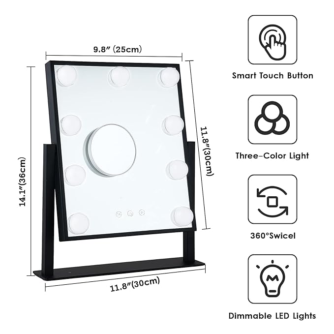 Lighted Makeup Mirror Hollywood Mirror Vanity Mirror with Lights, Touch Control Design 3 Colors Dimable LED Bulbs, Detachable 10X Magnification, 360°Rotation, Black.