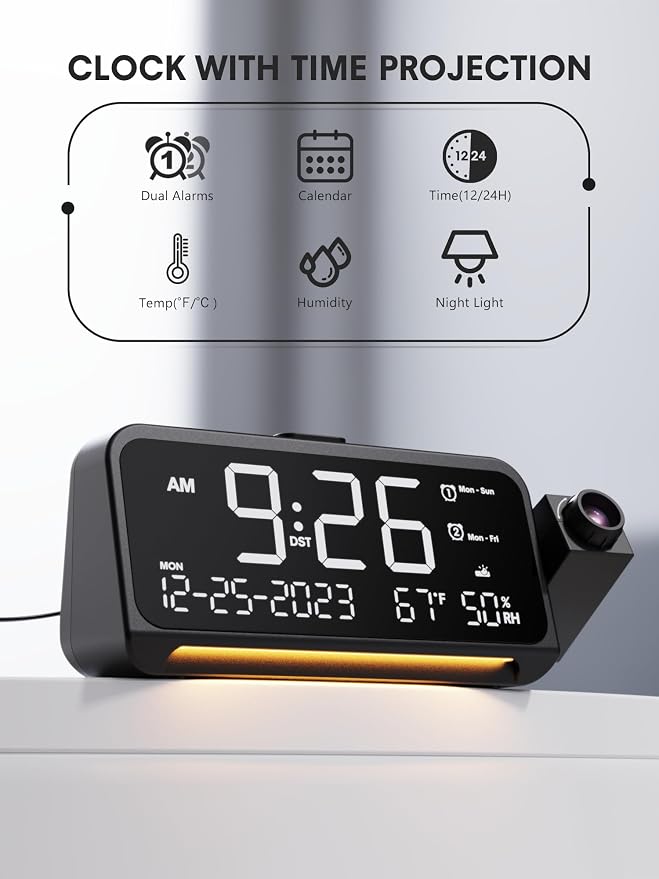 Mesqool Projection Alarm Clock for Bedroom, Digital Clock